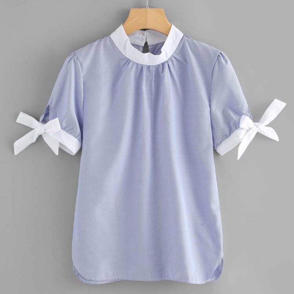 Contrast trim pin striped blouse